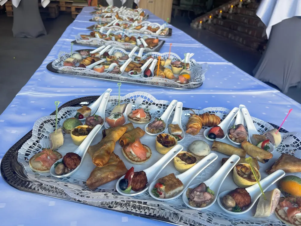 Fingerfood-Platten mit Lachs-Blinis, Löffelhäppchen, Quiches und Frühlingsrollen auf dem Empfangsbuffet